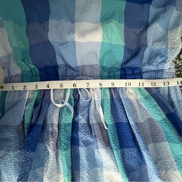LOFT Plaid Cutout Back Midi Pocket Dress Blue Aqua White Size M. NWT - Picture 13 of 15